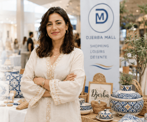 Une exposante et ses créations artisanales sur son stand à Djerba Mall.